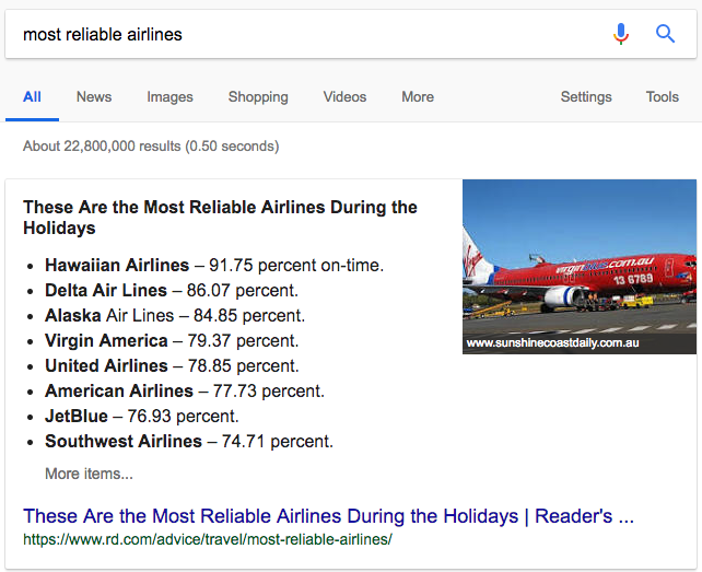 featured snippet most reliable airlines