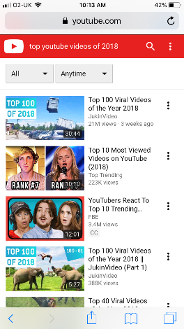 youtube search for "top youtube videos of 2018" on mobile