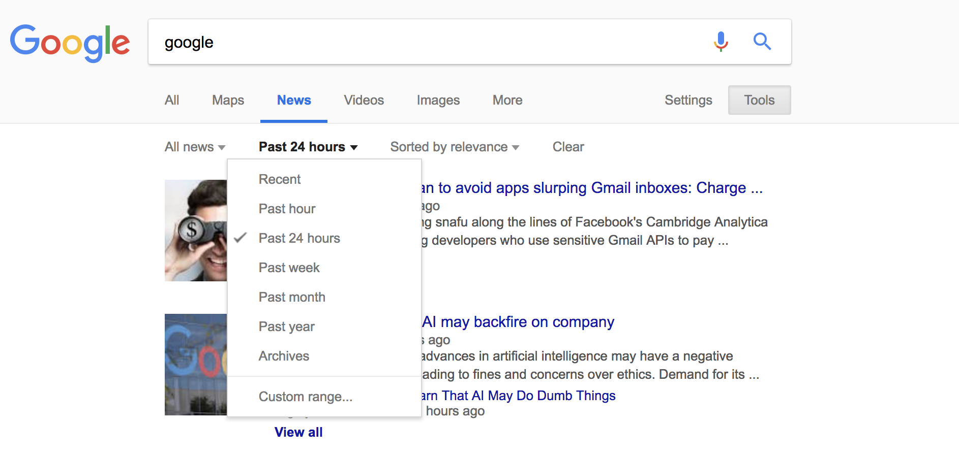 screenshot of Google News filtered by past 24 hours or past week, to be used when finding relevant content for link building