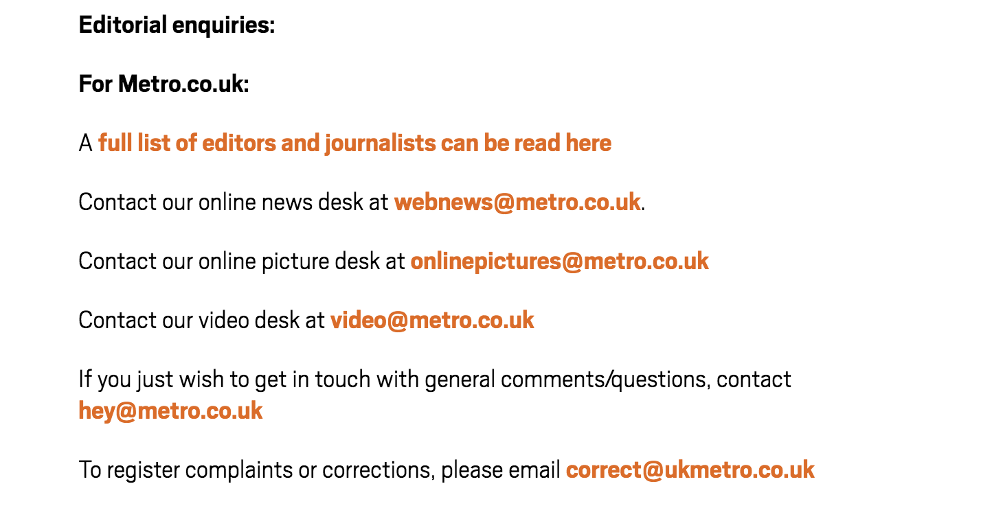 contact info for Metro.co.uk, shows email for a corrections desk which can be the best option for reviewing unlinked brand mentions