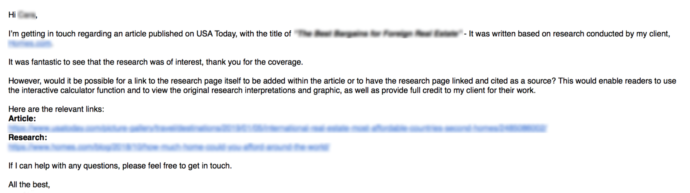 example email of how to ask for a backlink to a currently unlinked brand mention, particularly where it adds value to the reader