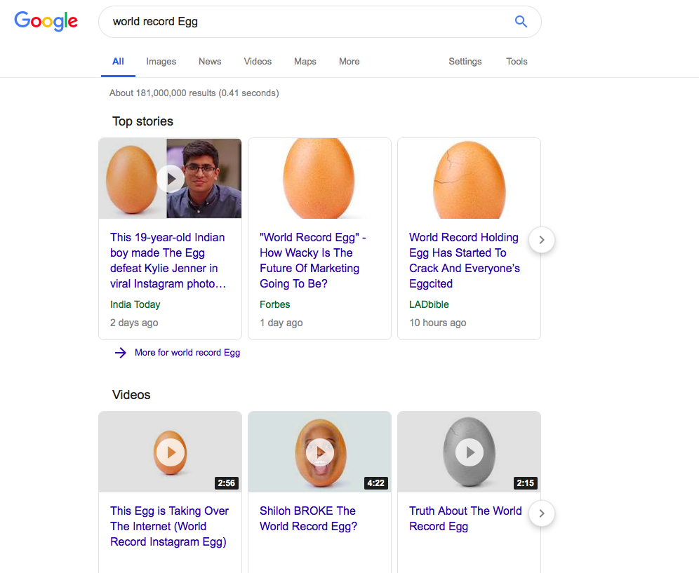 Google search for "world record egg" at the end of January