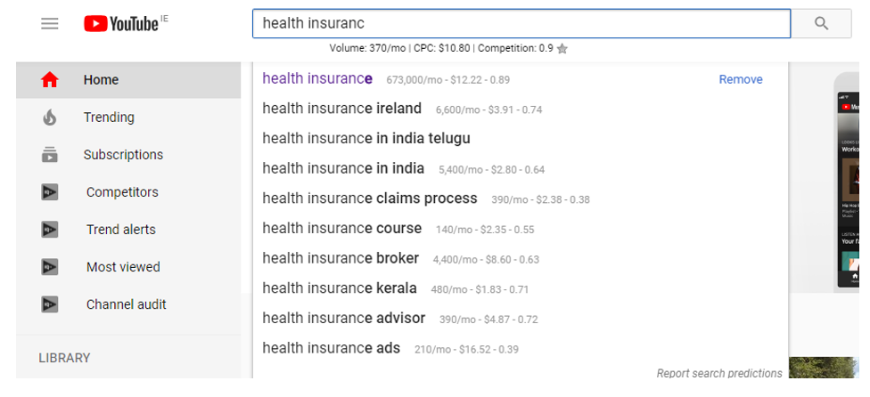 Using Keywords Everywhere Chrome Extension to discover topics related to ‘health insurance’ with search volume shown for each suggestion.