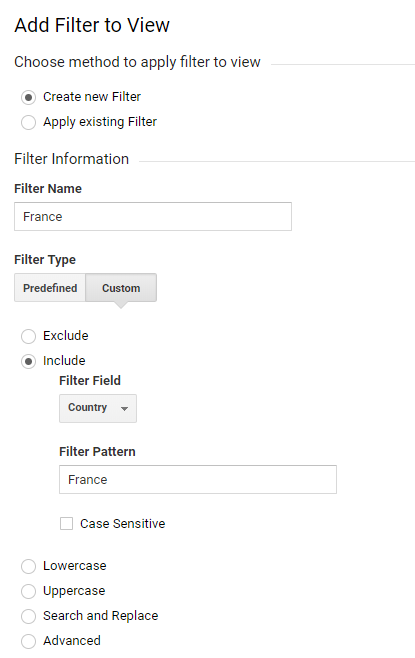 Example of geographic filter in Google Analytics