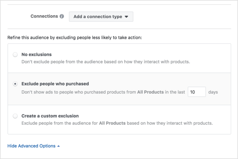 adding a connection type in Facebook dynamic ads