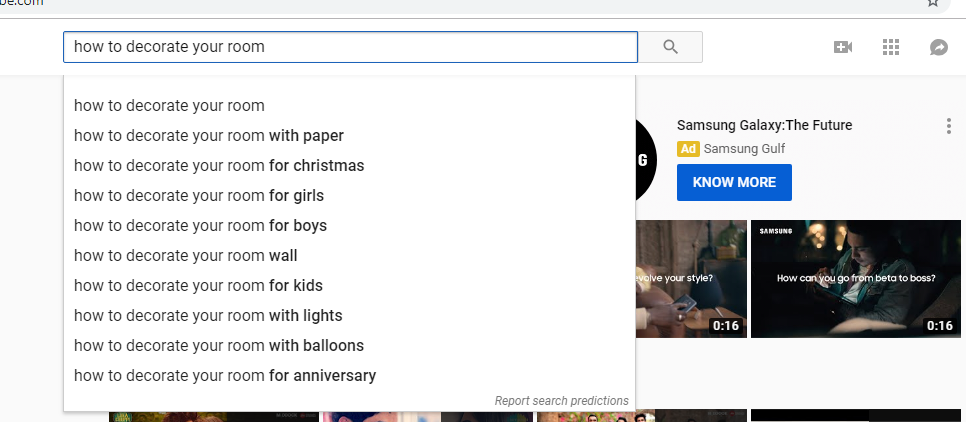 Example of YouTube’s autocomplete feature