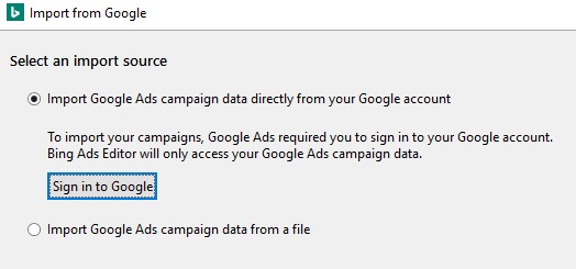 Screenshot of importing Google ads campaign data
