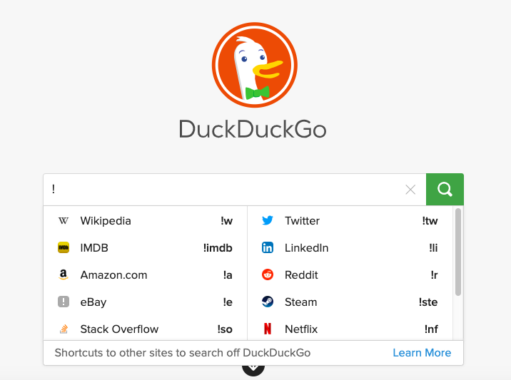 duckduckgo raccourcis vers d'autres sites