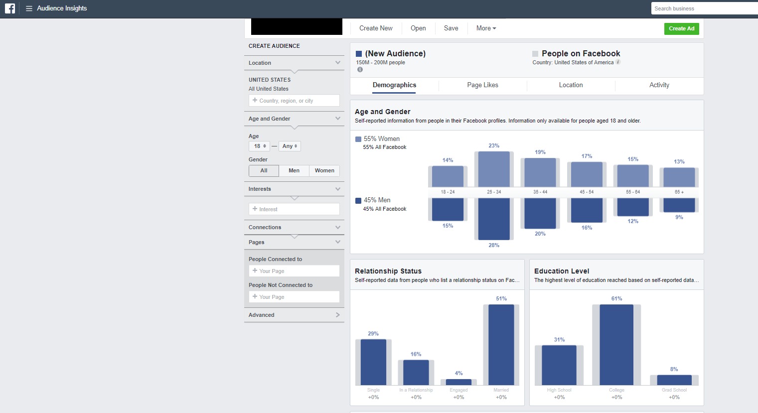 Screenshot of the "Insights" tab on Facebook Audience Insights