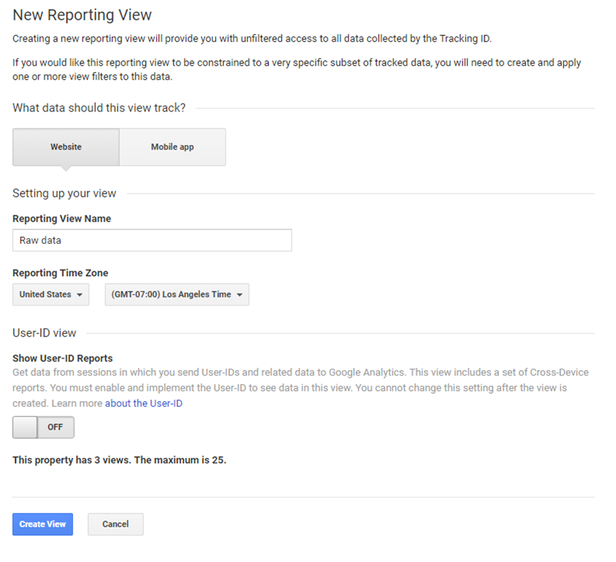 Example of creating a new reporting view without filters in Google Analytics