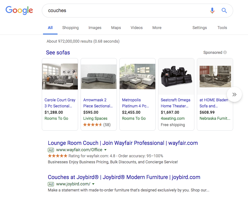 Exemple de capture d'écran d'une liste de positions moyennes dans Google SERP