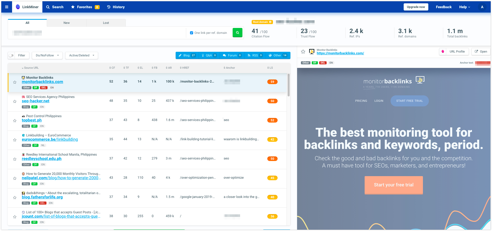  Listing of backlinking chances in LinkMiner