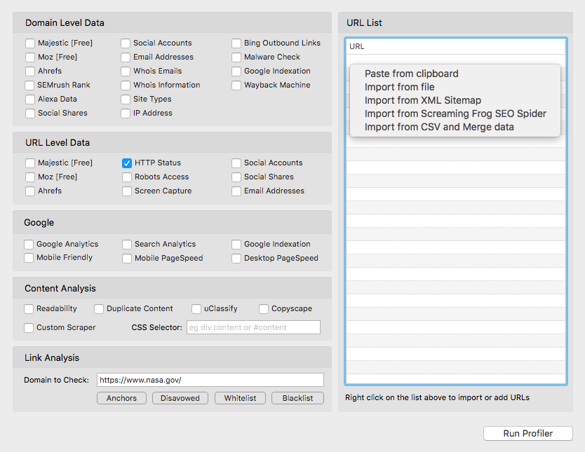  Screenshot of bulk information noting that URL Profiler offers at a URL and domain level