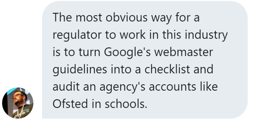 Twitter message from Stephen Kenwright suggesting regulation through a Google-inspired checklist