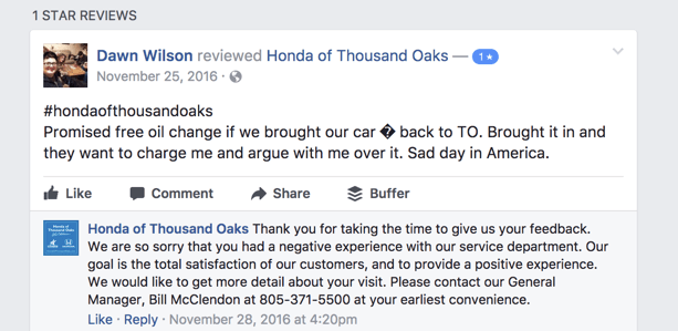 Example of how Honda handled a bad online review