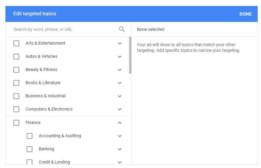 Exemple de sujets disponibles pour le ciblage Google Display