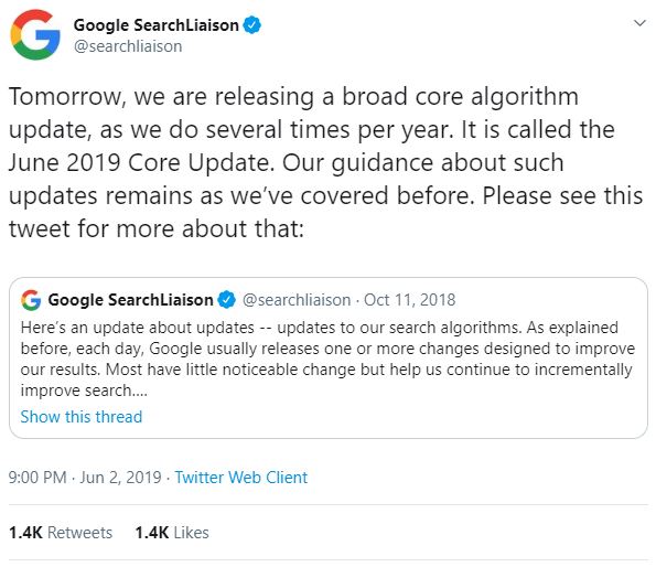 twitter announcement from google search liaison team about core update
