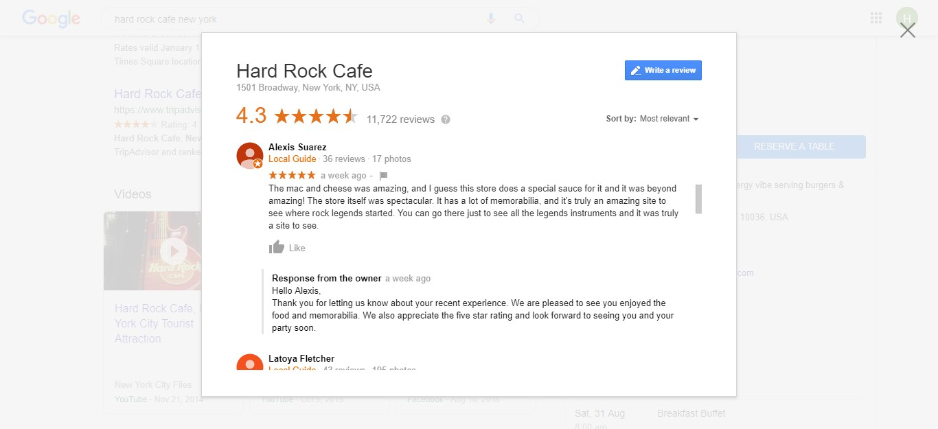 screenshot di come Hard Rock Cafe risponde alle recensioni positive