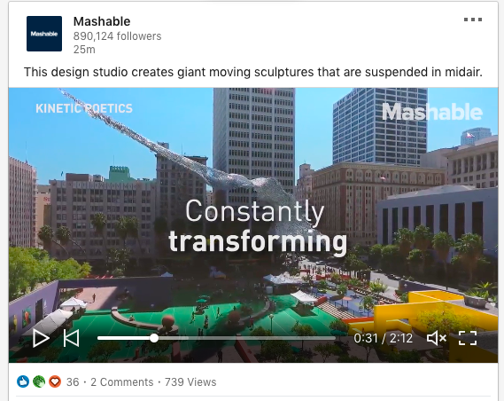 example of mashable sharing a video on their linkedin