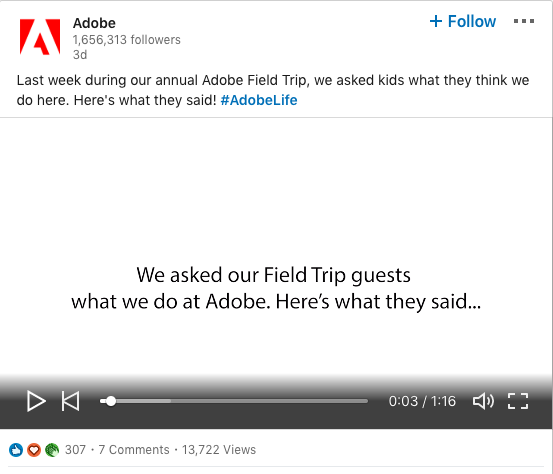 example of adobe sharing a video on their linkedin