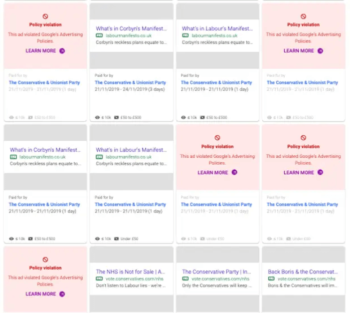 Google banned eight search ads of the Conservatives due to policy breach