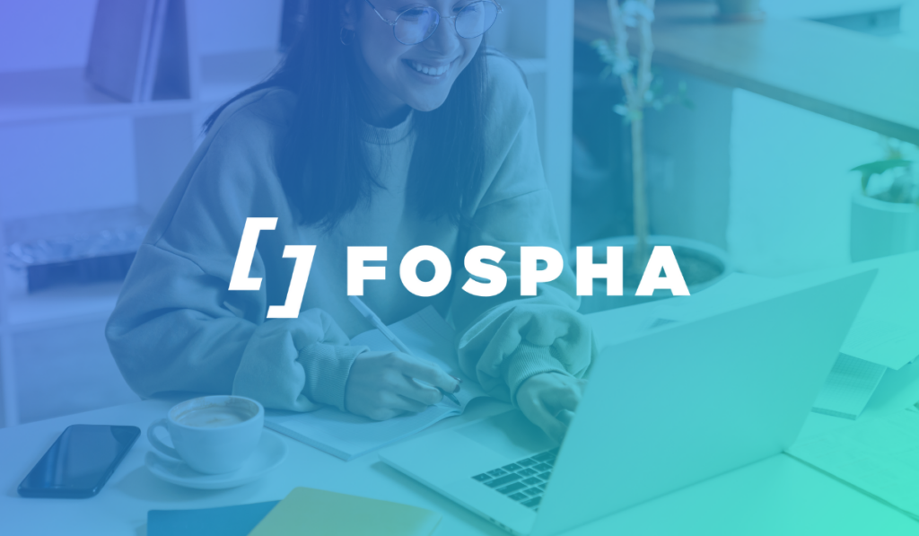 A female working on her laptop with Fospha's logo superimposed on the image.