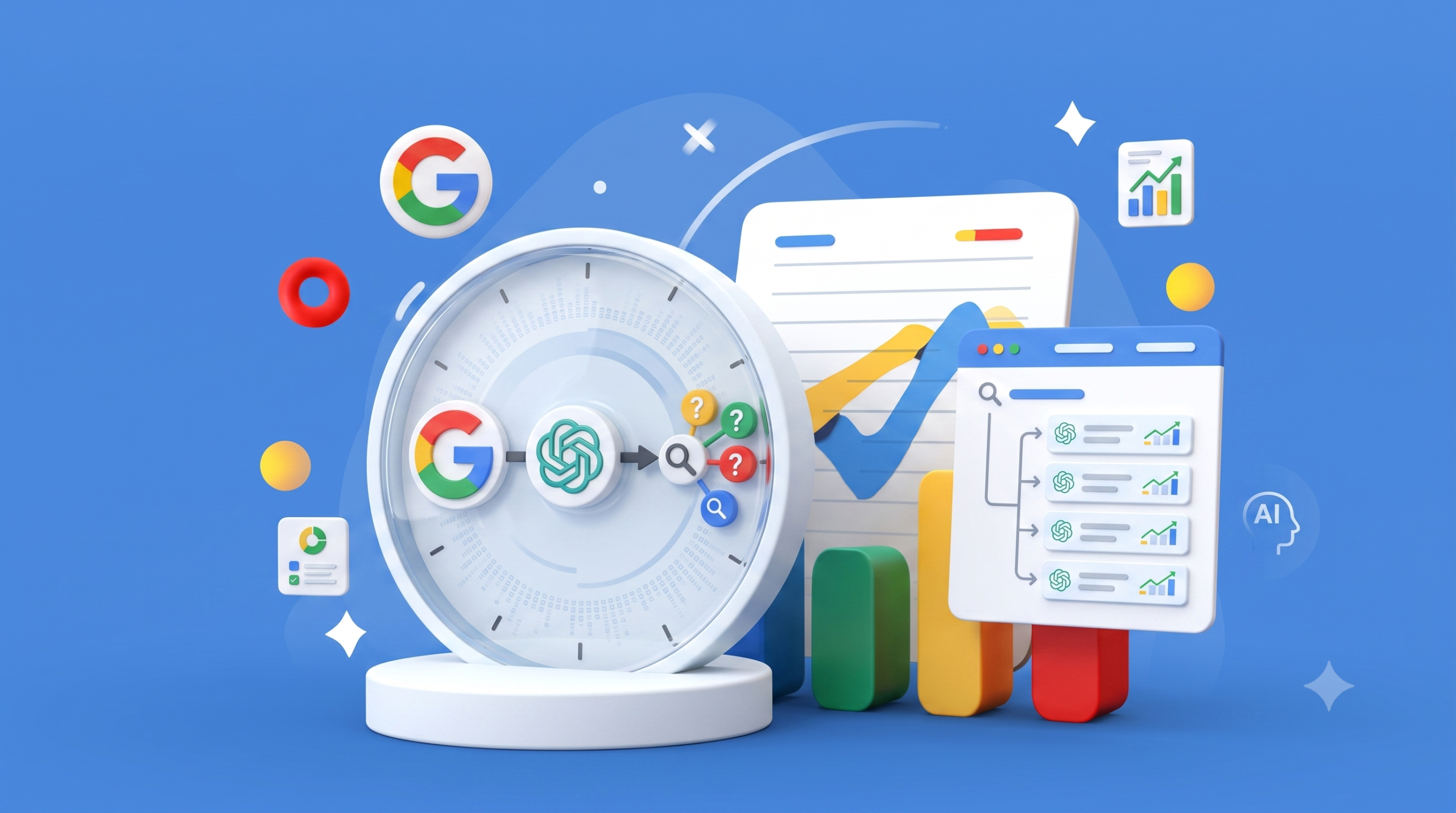 Search illustration with Google logos, a clock, charts and stylized browser windows on blue
