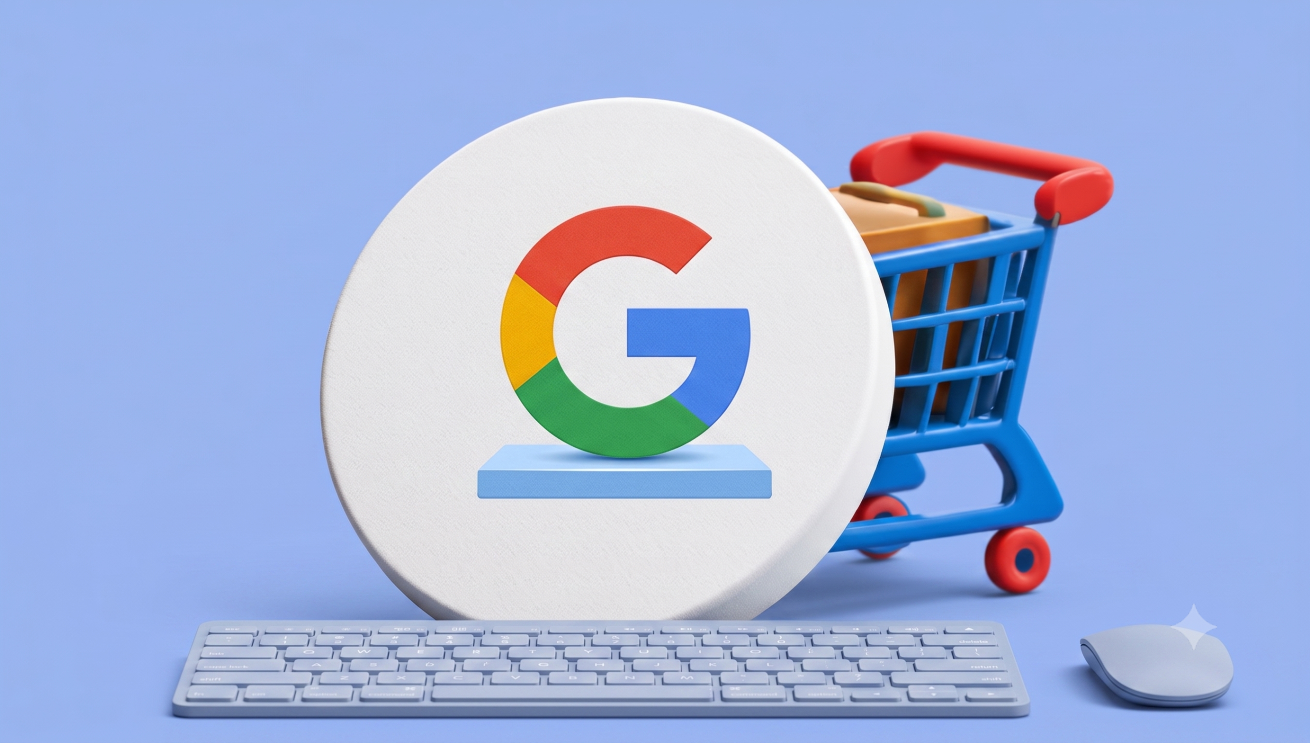 Google logo beside a shopping cart, keyboard and mouse on a blue background