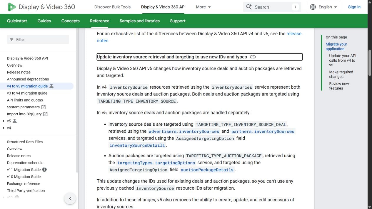 Google's DV360 v5 migration guide separates deals and auction packages and warns against reusing cached inventory IDs
