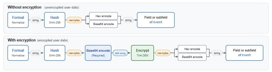Google's current Data Manager API diagram shows normalization and SHA-256 hashing before encoding, with an optional encryption path