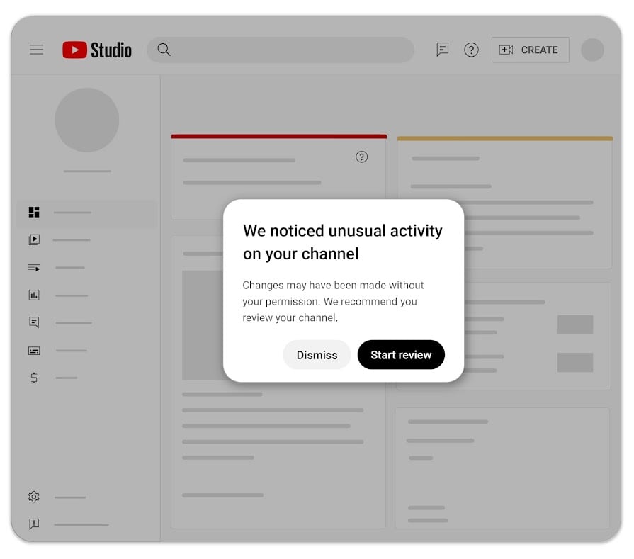 YouTube Studio cleanup notification inviting the channel owner to review unusual activity