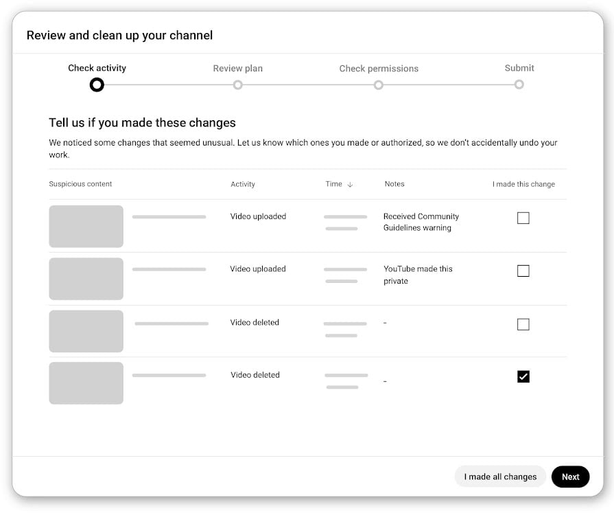 YouTube cleanup tool showing a checklist of uploaded and deleted videos for the owner to review