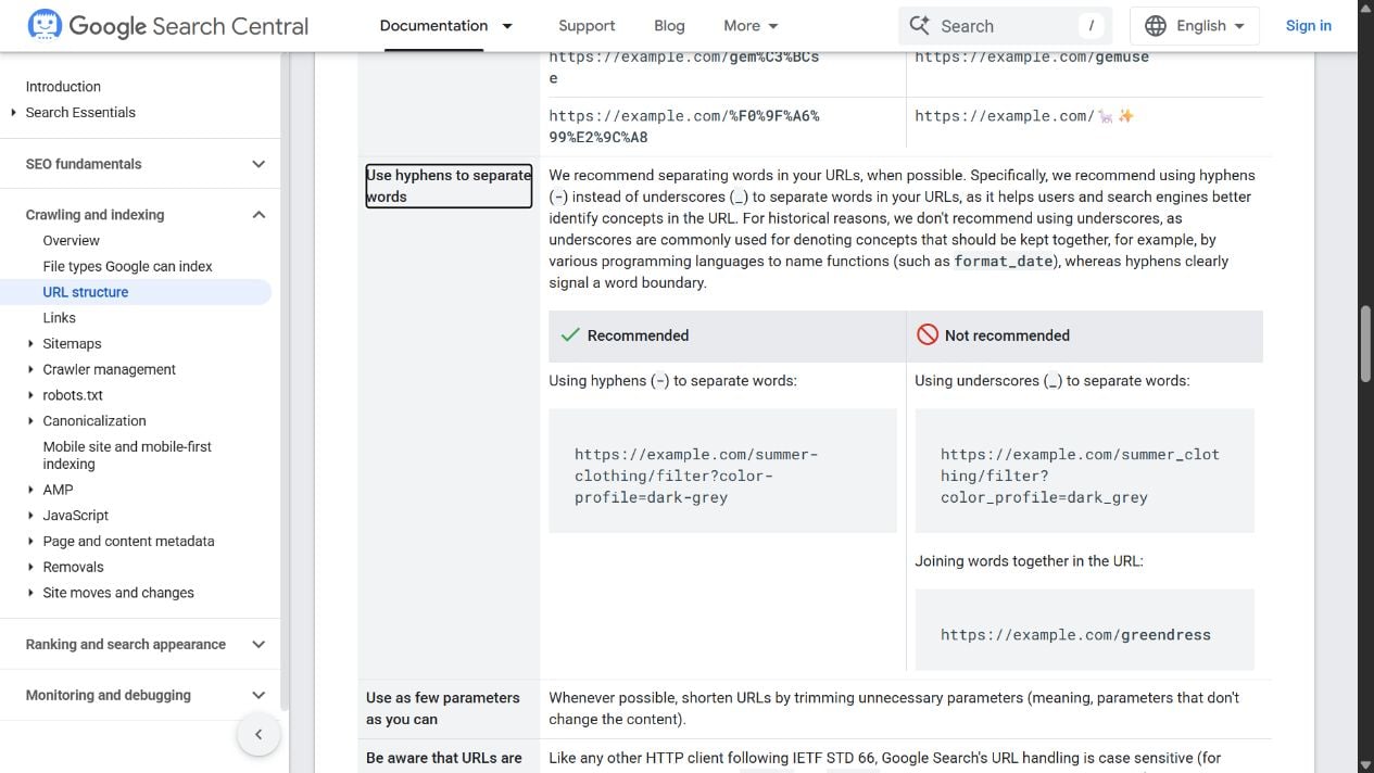 Google URL structure guidance comparing hyphen-separated and underscore-separated words