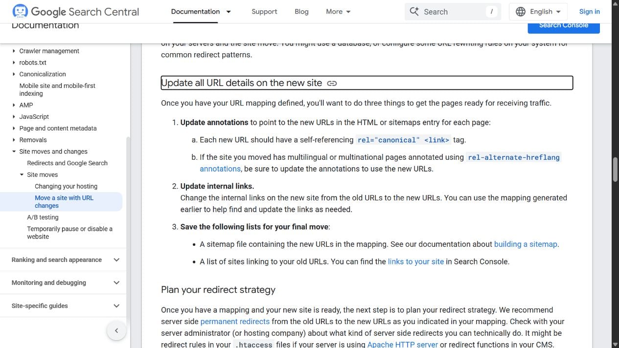 Google site-move guidance covering canonical annotations, internal links and sitemaps