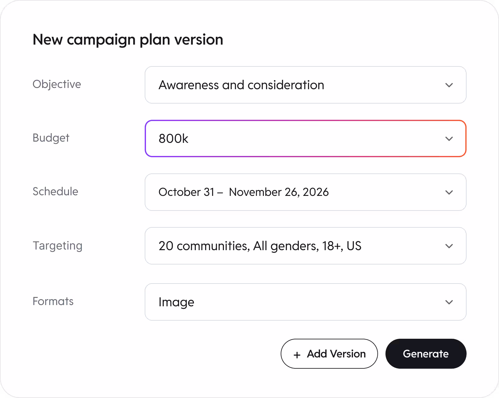 Reddit supplied example of campaign planning with budget and audience settings