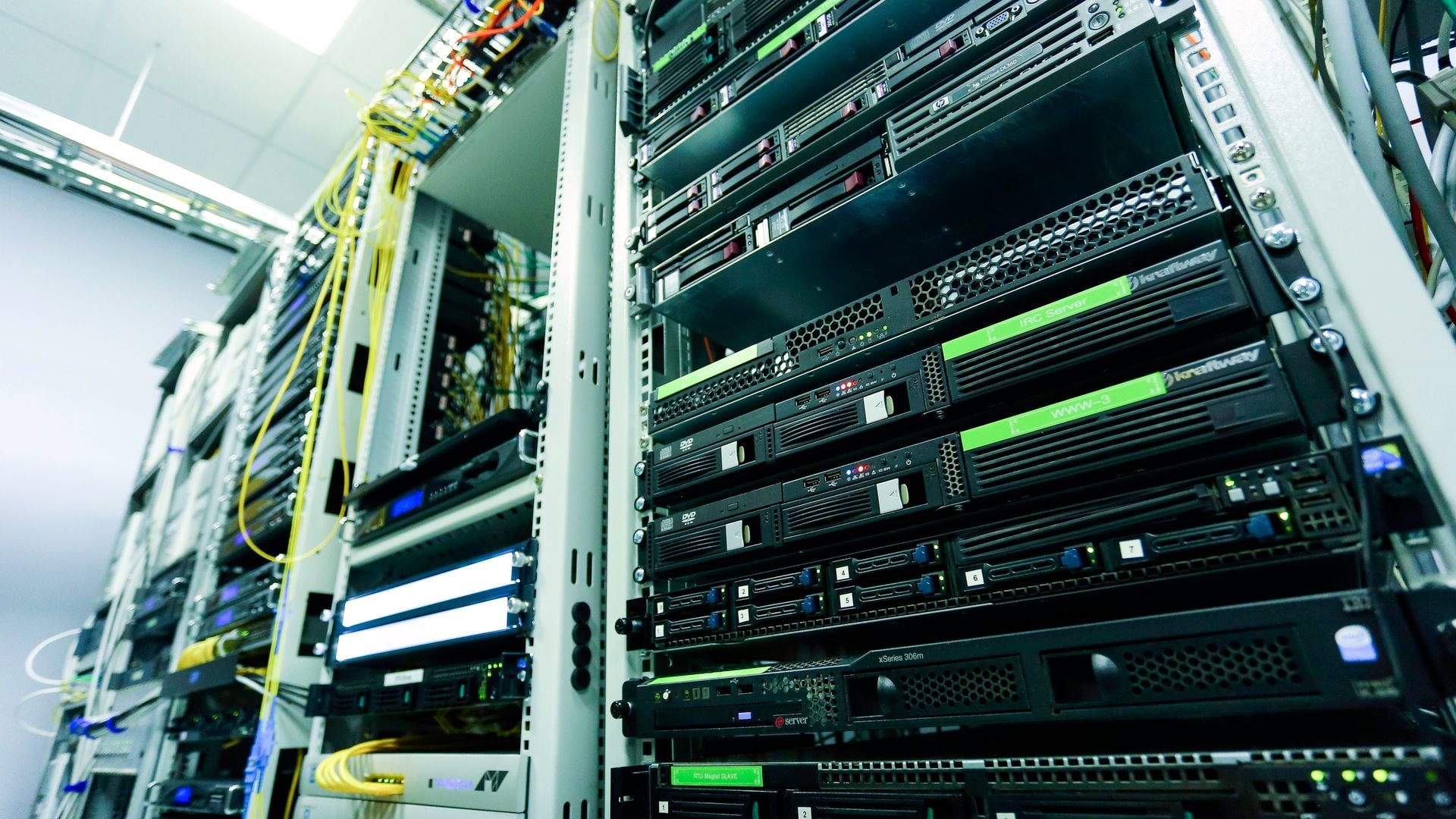 Server hardware and cables inside a rack