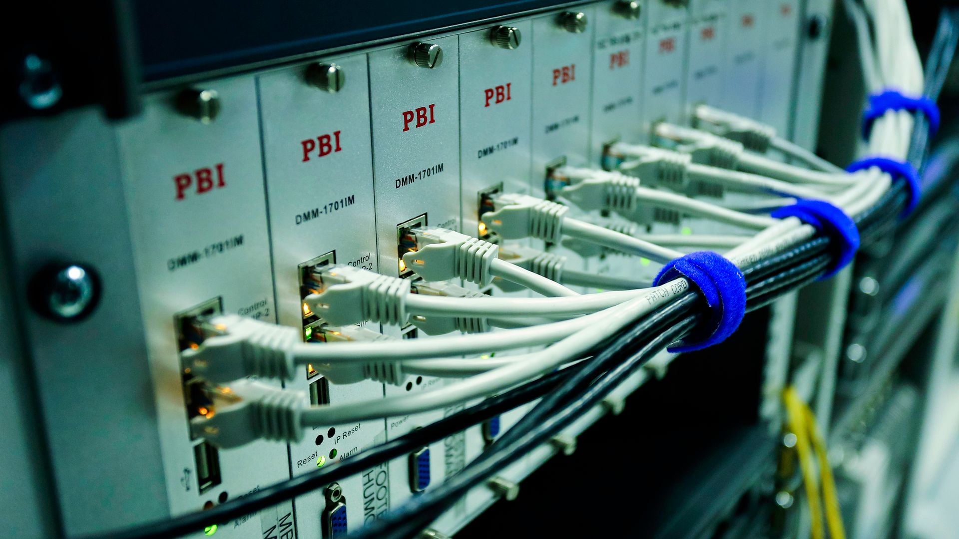 Ethernet cables connected to a rack of network equipment