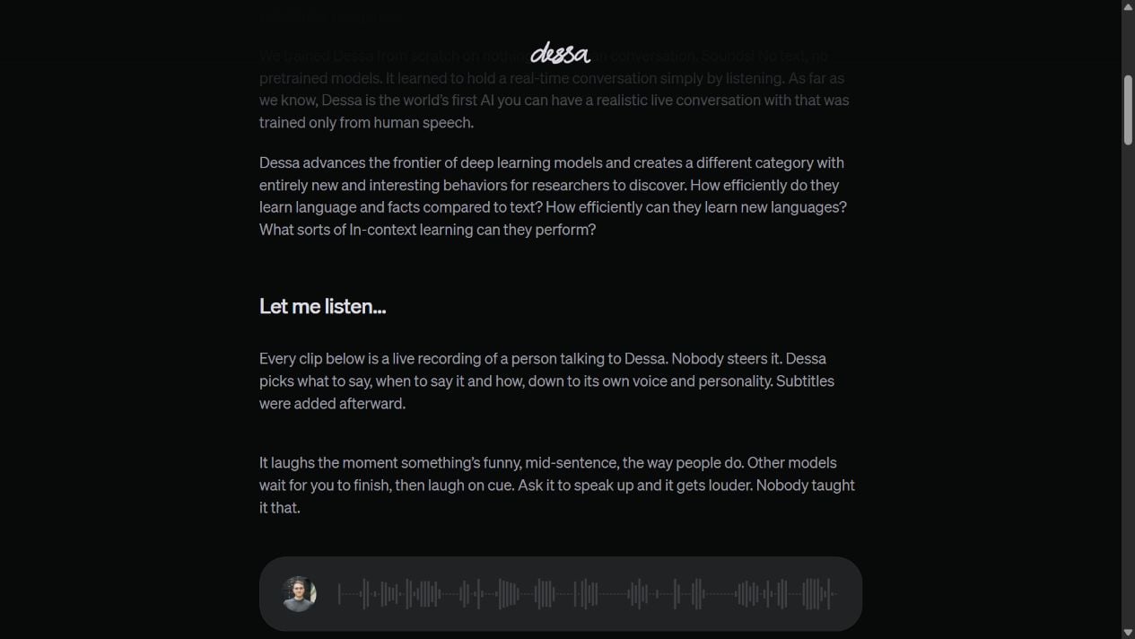 Dessa's official recording player shows separate human and AI speech tracks and labeled conversation moments