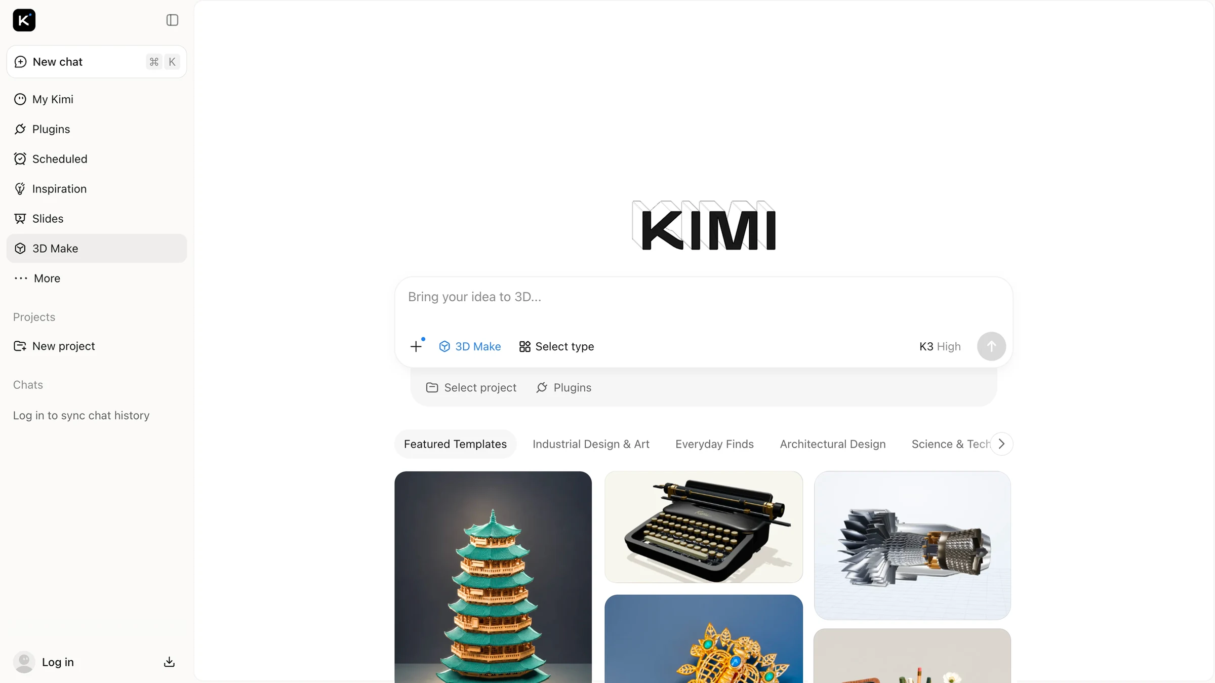 Kimi's supplied 3D Make interface shows a prompt field and example models