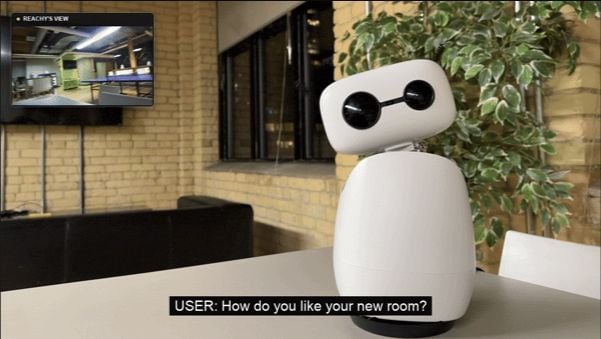 Reachy Mini robot in Nvidia's demonstration, with the robot's camera view inset at upper left
