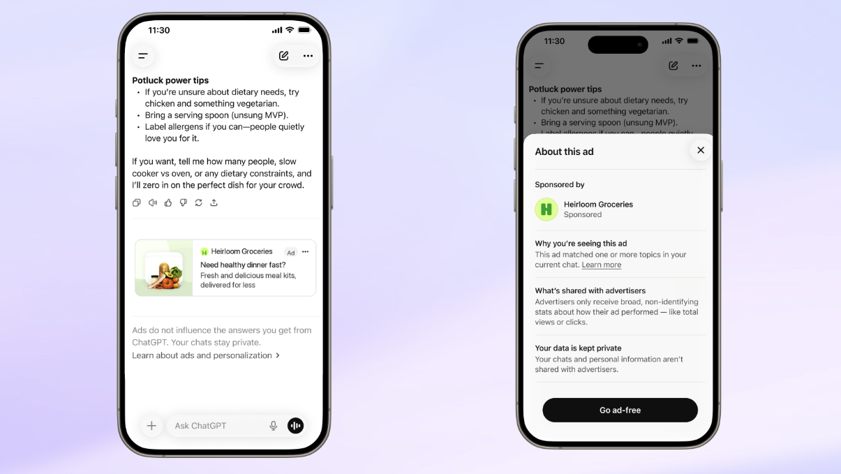 OpenAI example of a sponsored grocery ad beneath a ChatGPT response and its disclosure panel