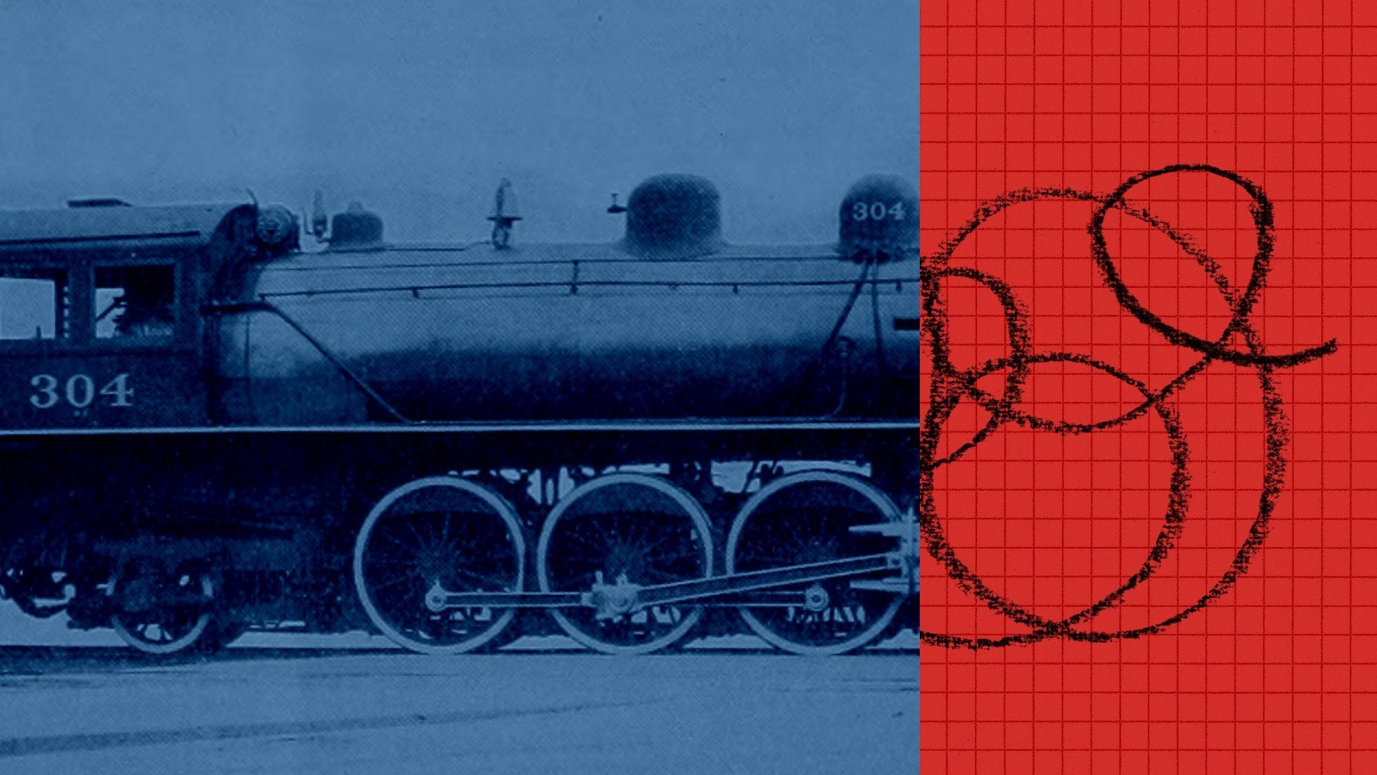 Anthropic editorial collage combining a blue locomotive and looping lines on a red grid