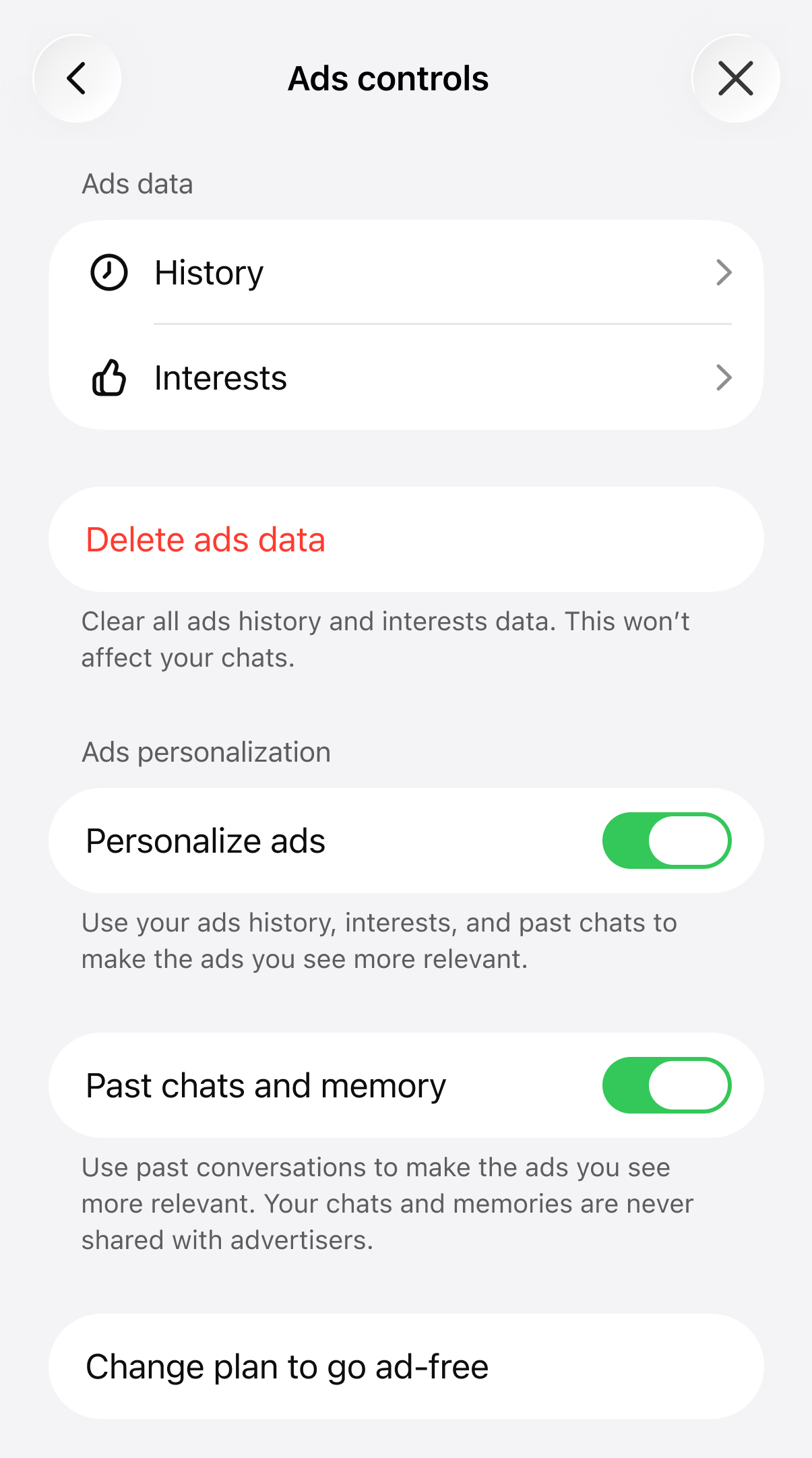 ChatGPT iOS ad controls showing toggles for personalized ads and past chats and memory