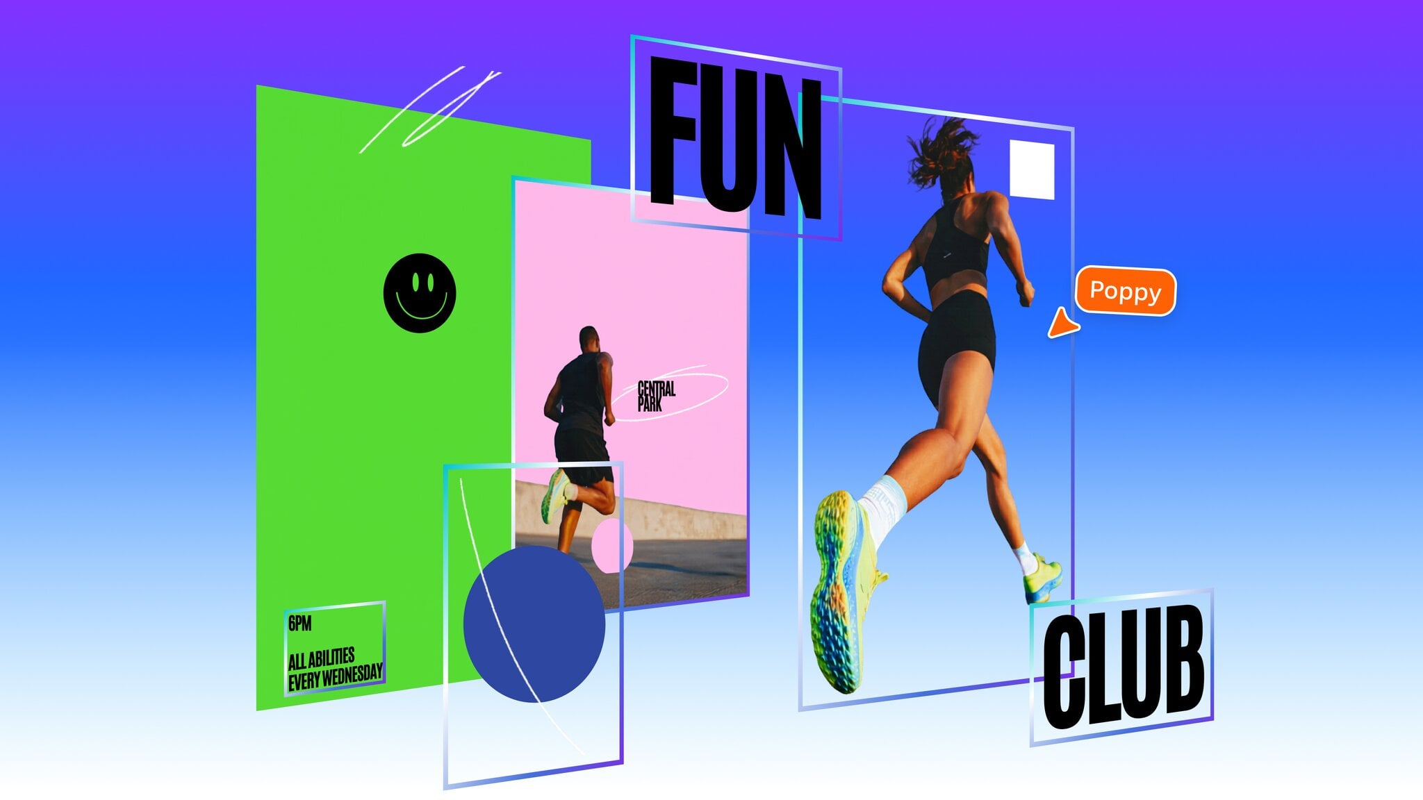 Canva Magic Layers illustration separates a running-club design into text, image and background elements