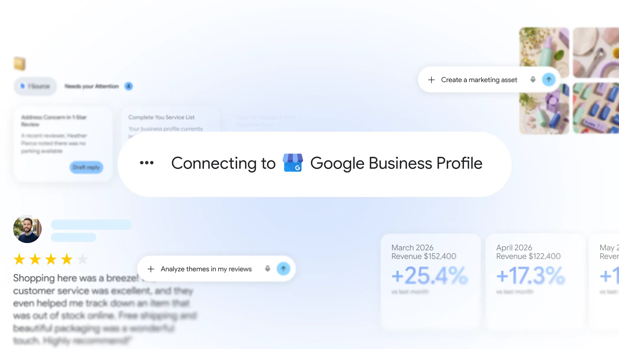 Google's June illustration showing a Connecting to Google Business Profile notification in Gemini