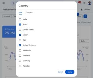Google Search Console updates country filter