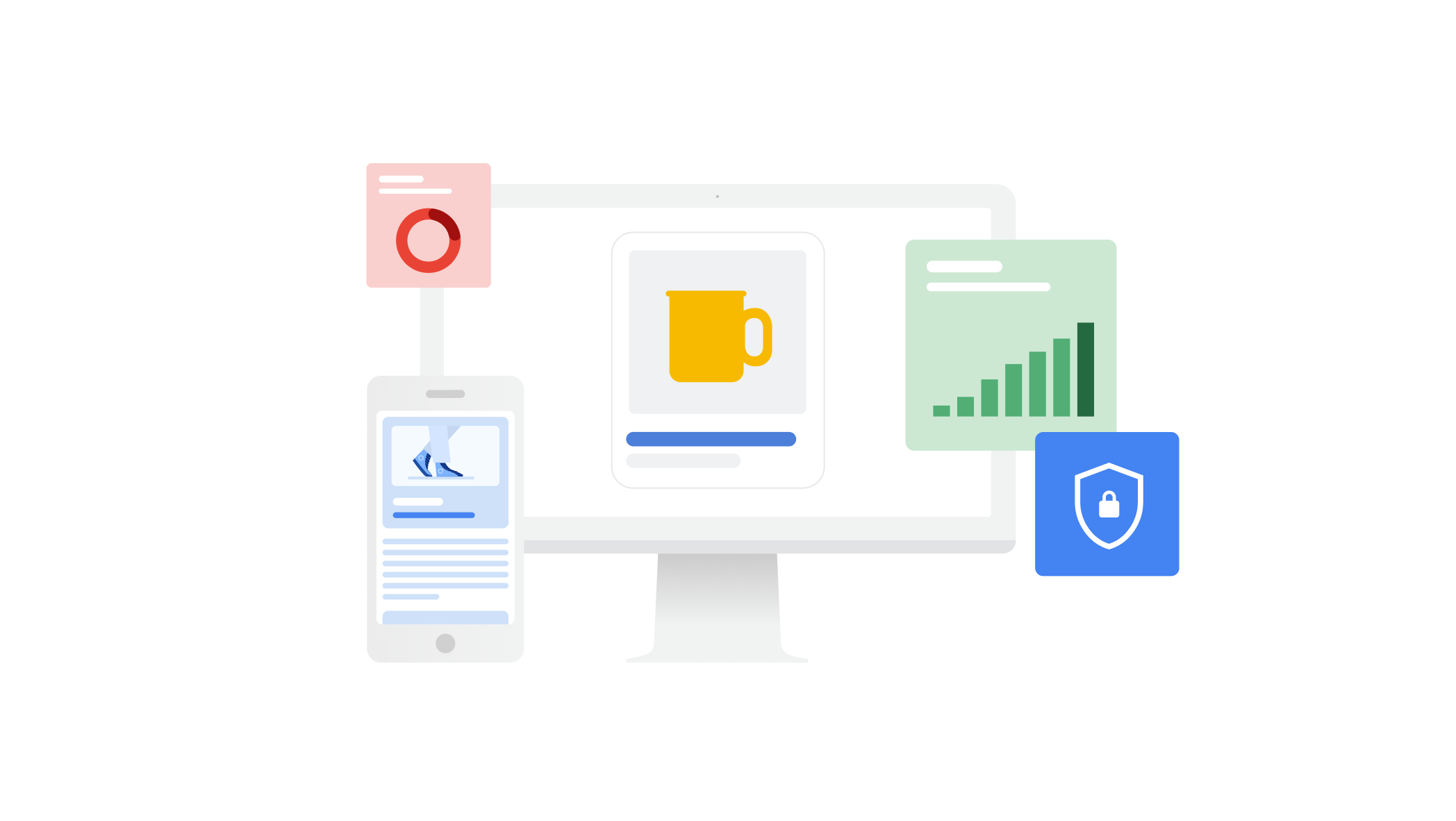 Google illustration of advertising on a computer and phone alongside measurement charts and a blue privacy lock