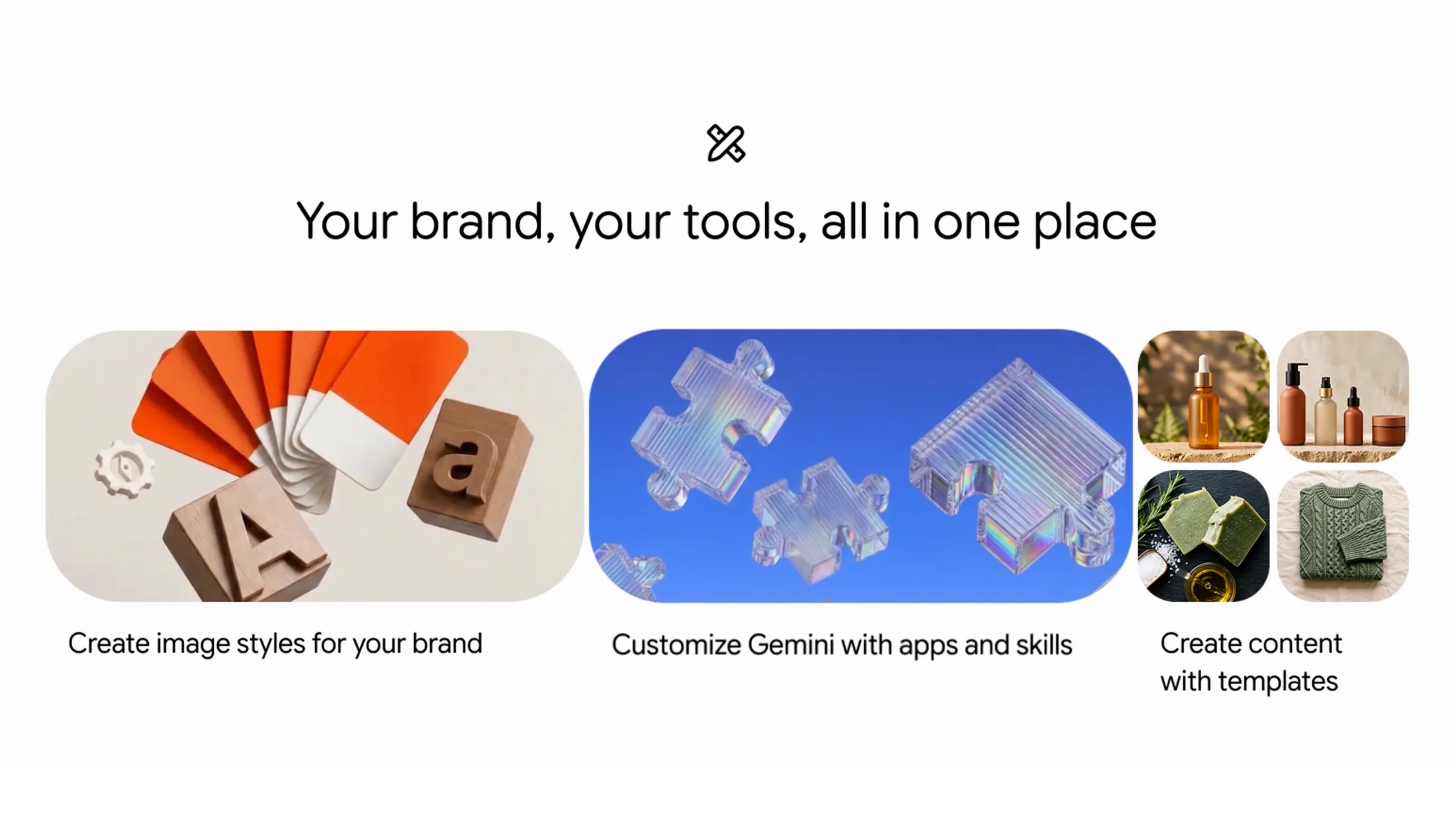 Google's three-panel illustration of brand styles, connected apps and skills, and content templates in Gemini