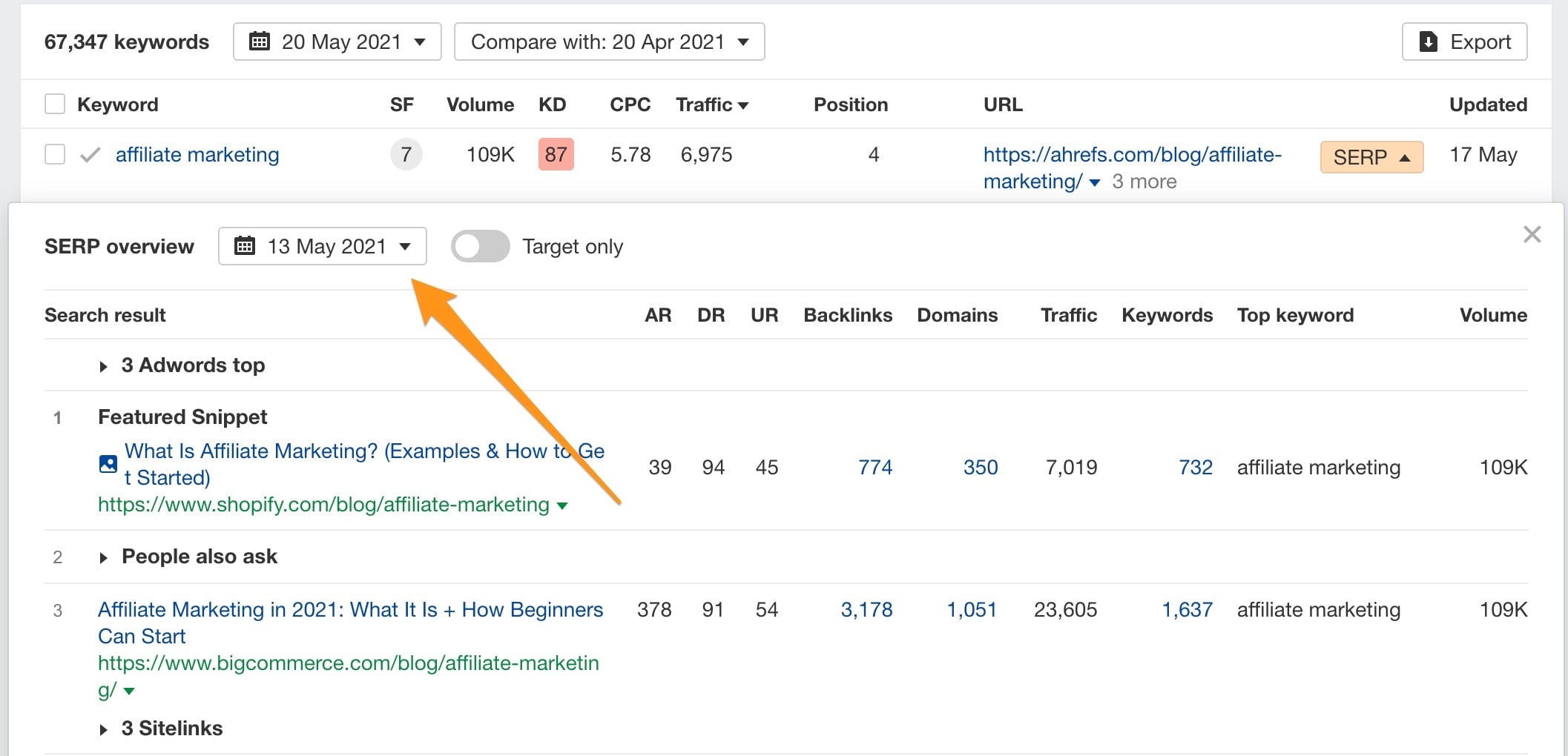 Ahrefs documentation screenshot showing a date picker inside the SERP overview