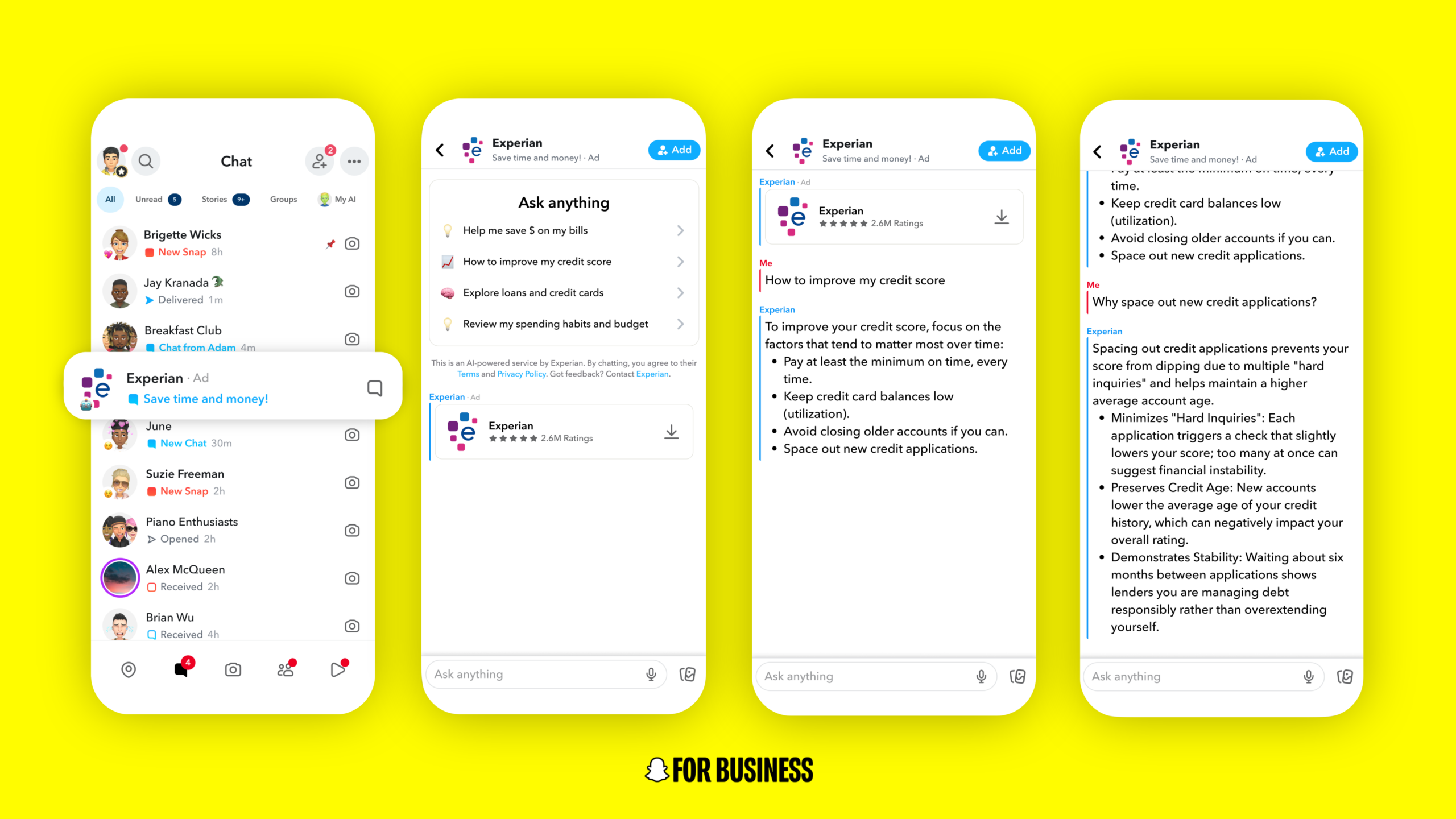 Snapchat's company-supplied AI Sponsored Snaps example showing an Experian chat across four phone screens